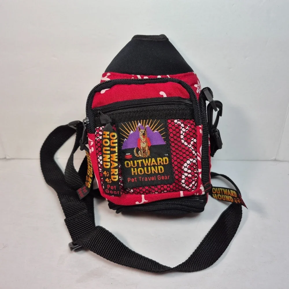 Outward Hound Travel Gear Adjustable Water Bottle Holder w/Bowl Red White Floral